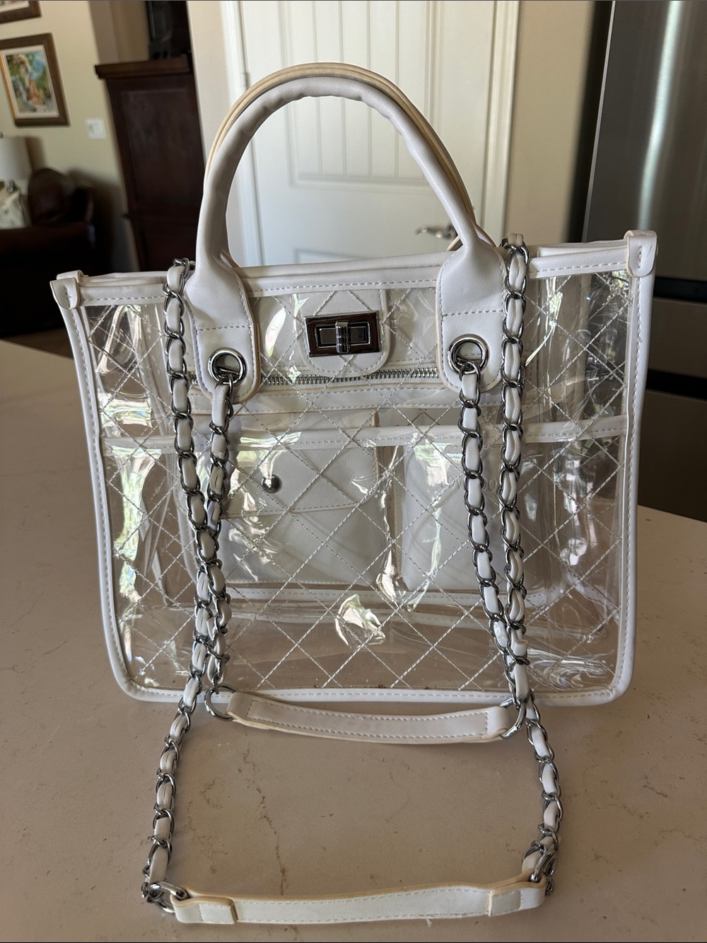Clear Quilted Tote Bag with White Trim - Stylish Transparent Shoulder Bag